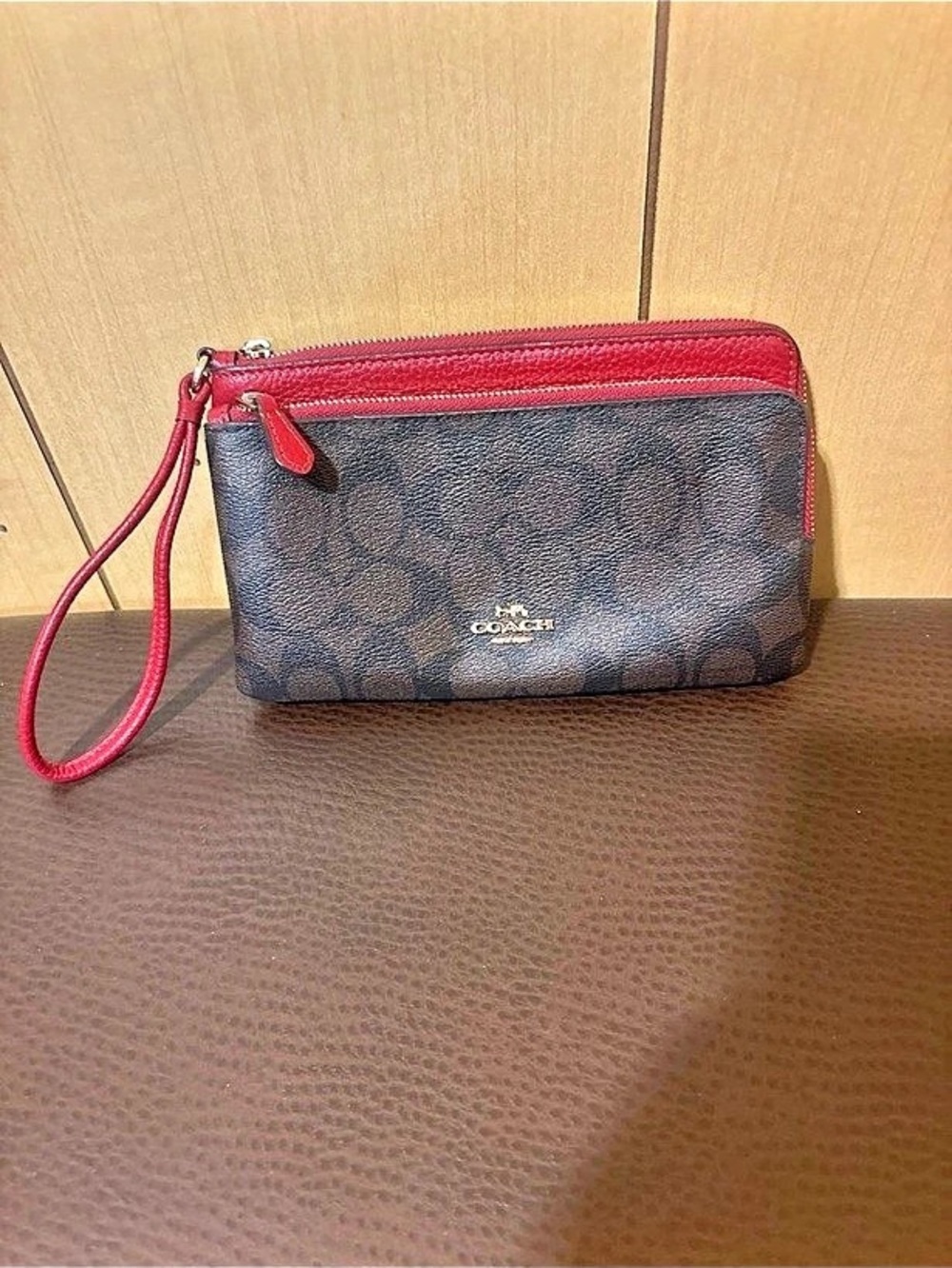 Coach Double Zip Wallet in Signature Canvas Brown & Red